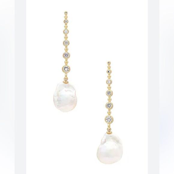 SHASHI Gold and Cream Linear Drop Earrings with Pearls Diamond Baroque Revolve - Picture 1 of 7